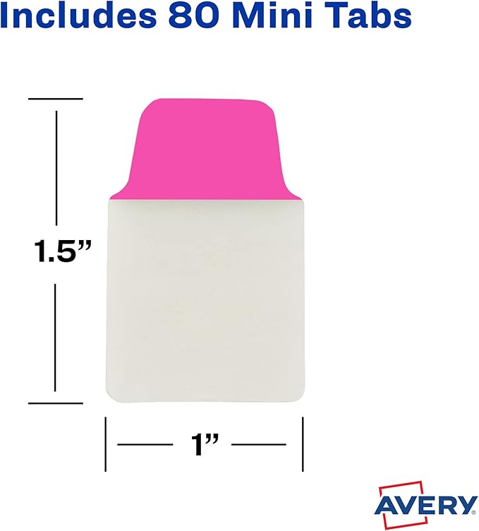 Avery Mini Ultra Tabs, 1" x 1.5", 2-Side Writable, Assorted Neon Colors, 80 Repositionable Tabs (74762)