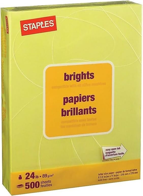Staples Brights 24 lb. Colored Paper Light Yellow 500/Ream, For Office, School & Home