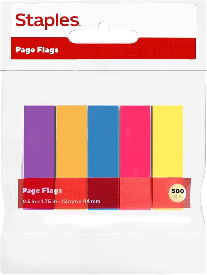 Staples Page Flags, 0.5", Assorted Colors, 500 Flags – Sticky Index Tabs for Marking, Highlighting & Organization