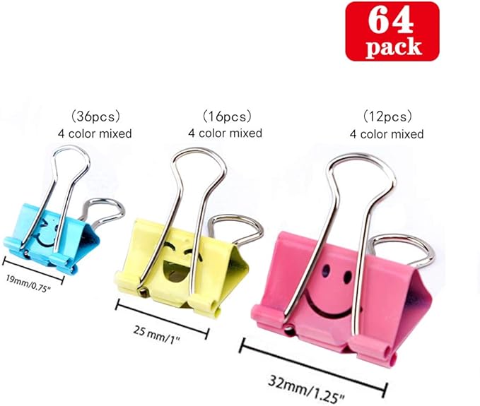 【64pack】 Binder Clips, Limque Paper Clips,Paper Clamps with Colored Cute Hollow Smiling Face,64 Pcs Assorted Size Clip, for Office,Teacher Gifts and Kitchen (BC-64pack)