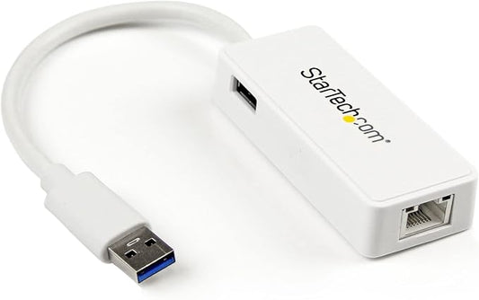 StarTech.com USB 3.0 to Gigabit Ethernet Adapter NIC w/ USB Port (White) - USB 3.0 NIC - 10/100/1000 Mbps USB 3.0 LAN Adapter (USB31000SPTW)