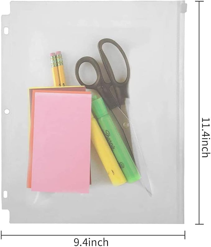 YoeeJob 3 Holes Clear PVC Zipper Binder Pocket Insert Pages Letter Size, 8 1/2" x 11 Loose Leaf Binder Filing Storage Bags 8 Packs(Blue)