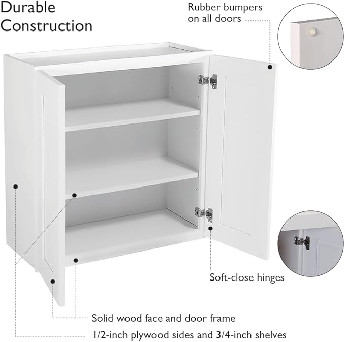 Design House Brookings Shaker Unassembled Wall Kitchen Cabinet W2730, 27 W x 12 D x 30 H, Painted White with Sherwin Williams®, Solid Wood – Design House, 561738