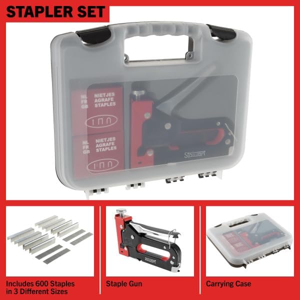 Heavy Duty Staple Gun for Wood Carpentry, DIY Crafts, or Furniture Upholstery Stapler with Staples - 3-Way Heavy Duty Stapler Gun with Carrying Case and 3 Types of Staples Included by Stalwart (Red)