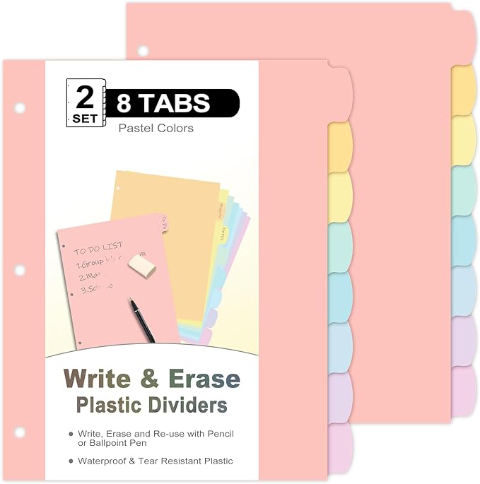 16 Count/2 Sets Write & Erase Binder Dividers with Tabs, Plastic 8 Tab Dividers for 3 Ring Binder Letter Size, Separators for Student School Home Office Document Organizer, Pastel