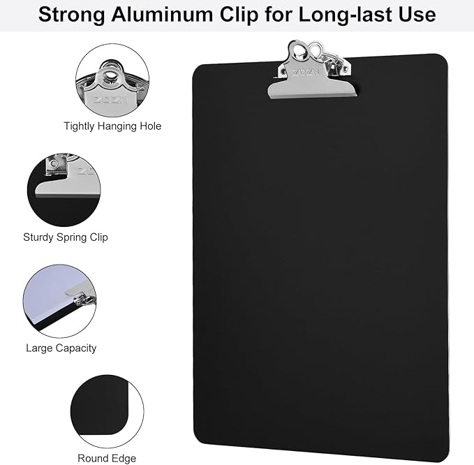 ZCZN Metal Clipboard, 2 Pack Heavy Duty Aluminum Clipboards 12 x 9 Inches, A4 Letter Sizer Document Holder with High Capacity Clip, Suitable for School, Office, Jobsite or Medical Staff, Black