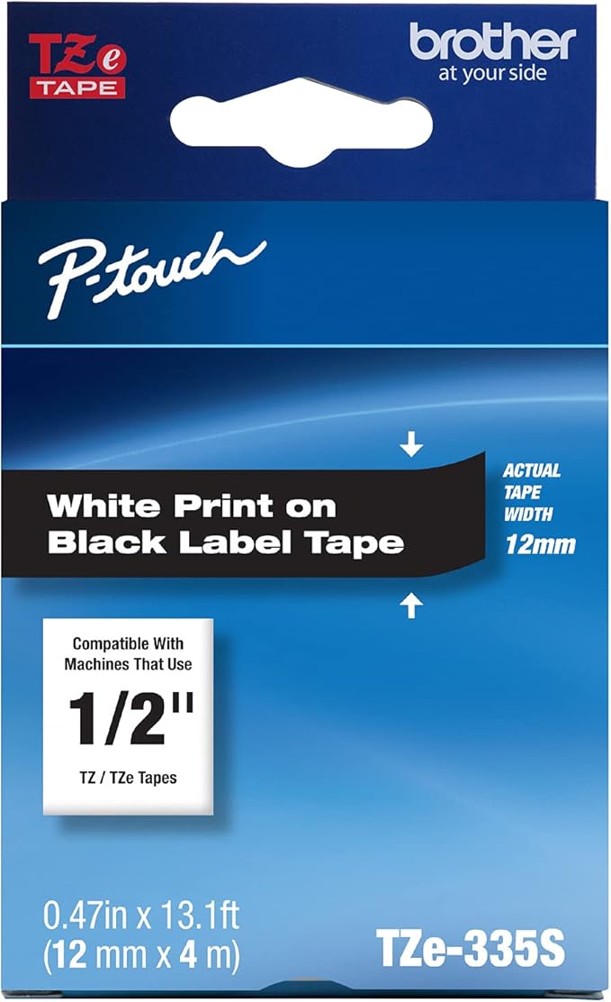 Brother Genuine P-Touch TZe-335S Economy Label Tape, Standard Laminated P-Touch Tape, White on Black, Perfect for Indoor or Outdoor Use, Water Resistant, (4M), Single-Pack