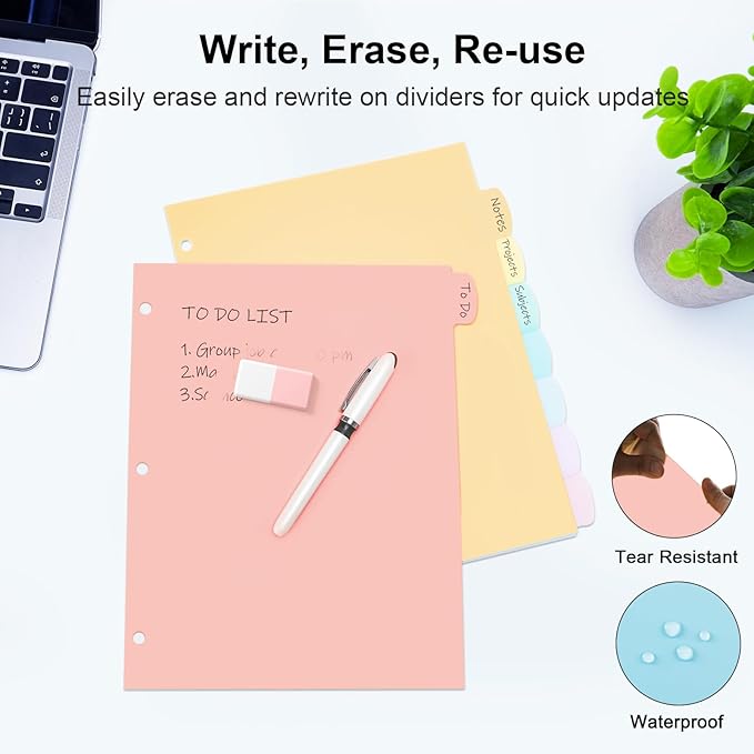 16 Count/2 Sets Write & Erase Binder Dividers with Tabs, Plastic 8 Tab Dividers for 3 Ring Binder Letter Size, Separators for Student School Home Office Document Organizer, Pastel
