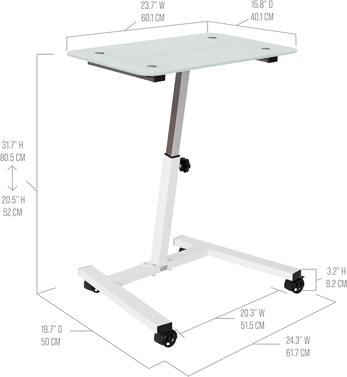 Seville Classics Airlift Mobile Height Adjustable Laptop Stand Computer Workstation for Sitting Ergonomic Desk Cart Table w/Wheels, Tempered Glass (24"), White