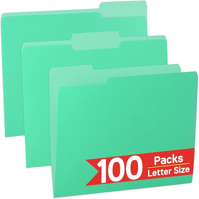 100 Packs File Folder,Light Green File Folders Letter Size,1/3-Cut Tabs,8.5x11 Inch File Folders for Office,School and Home,Organizer Documents
