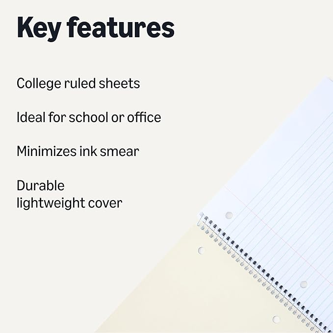 Amazon Basics College Ruled Spiral Notebook, For Work and School, 70 Sheets, 8" x 10.5", Black, 2 pack