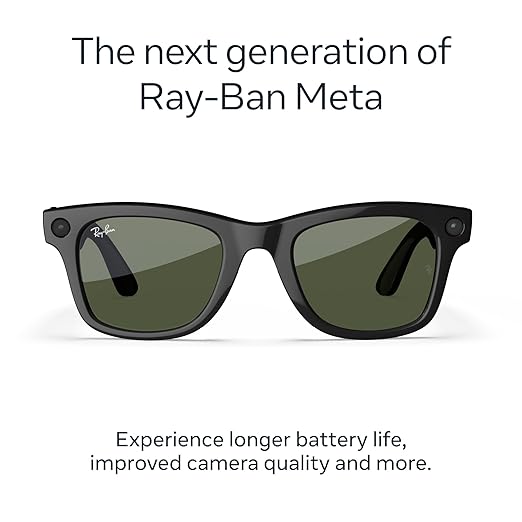 Ray-Ban Meta (Gen 2), Wayfarer Large, Shiny Black | Smart AI Glasses for Men, Women — 2X Battery Life — 3K HD Resolution — 12 MP Ultra-Wide Camera, Audio, Video — Green Lenses — Wearable Technology