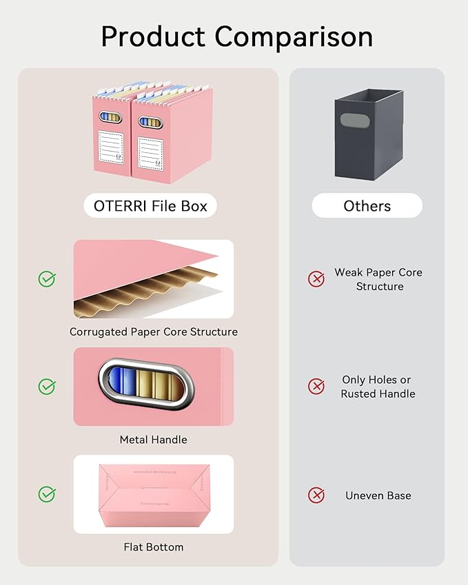 Oterri Cardboard File Organizer Box for Hanging File Folders Letter Size,File Box for Computer Desk,File Cabinet,Working Home,Office,Classroom (Pink, Letter Size - 6 Packs)
