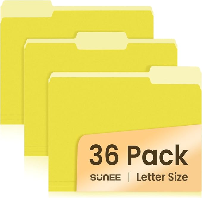 SUNEE File Folders, 36 Pack Manilla Folders 8.5 x 11, Colored File Folders Home Office School Supplies for Documents Files Paper, Yellow Colors