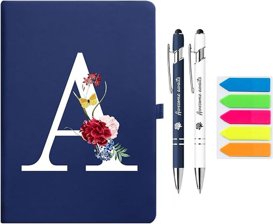 Premium Hardcover Executive Notebook and Pen Set - A5 Journal Notebook 192 Line Pages, 2 Smooth-Writing Ballpoint Pens, Arrow Sticky Notes - For Office School Supplies Letter A Floral Design DeepBlue
