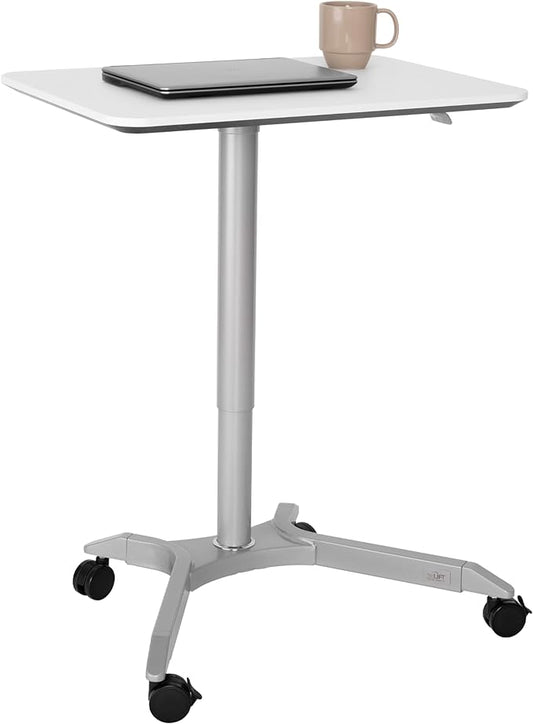 Seville Classics Airlift Height Adjustable Pneumatic Laptop Sit Stand Desk Mobile Rolling Cart, Computer Workstation for Home Office, Classroom, White, 28" Premium Desktop (New Model)