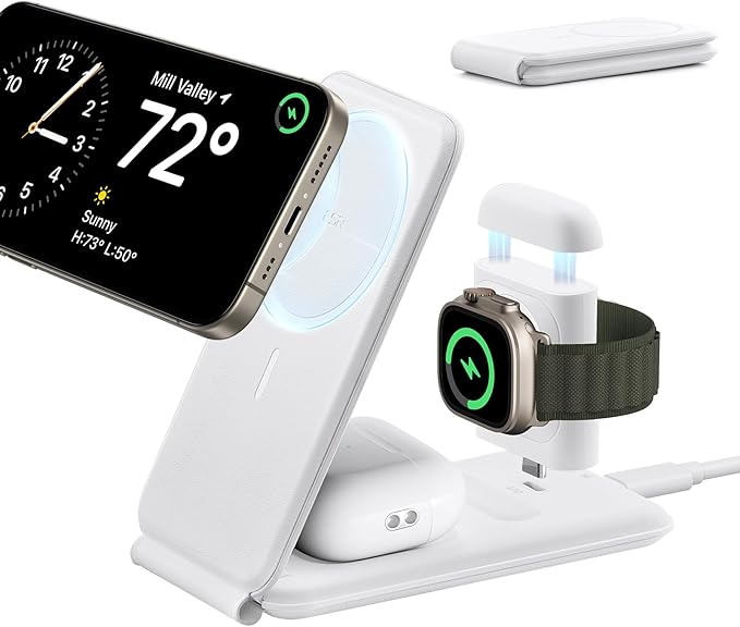 ESR 3 in 1 Charger for Magsafe, Travel Charger Stand for Magsafe, Made for Apple Watch Certified, Foldable Charging Station Compatible with iPhone 17/16/15/14/13/12, AirPods Pro, White