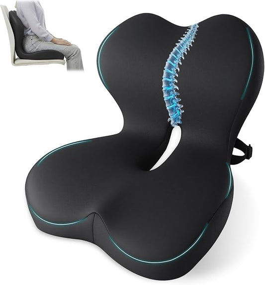 Memory Foam Seat Cushion,Office Chair Cushion with Lumbar Support for Back Pressure Relief,Sciatica,Non Slip Car Seat Cushion with Strap,Pad Orthopedic Cushions for Car,Truck,Desk (D-Black)