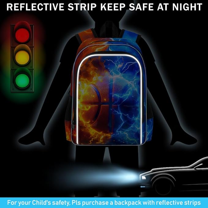 gxtvo 3PCS Boys Basketball School Backpack, 17" Kids Bookbag with Lunch Box, Water Resistant Middle Elementary School Bag - Fire & Lightning Basketball