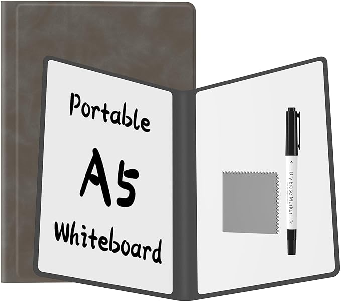 Portable Dry Erase Board,Reusable Whiteboard Notebook, Double-Sided White Board PU Cover 9.5"x6.6" with Marker,Wipe Cloth (Coffee Brown)