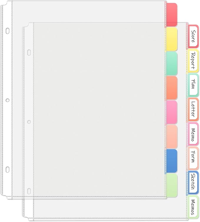 Binder Dividers with Tabs, 8 Tab Clear Sheet Protectors for 3 Ring Binder, White Dividers for 3 Ring Binder Page Protectors, Notebook Binder Sleeves with Pockets, 2 Set (16 Pcs)