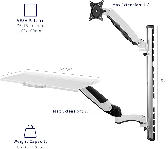 VIVO Sit-Stand Wall Mount Counterbalance Height Adjustable Monitor and Keyboard Workstation for Screens up to 27 inches, White STAND-SIT1KW