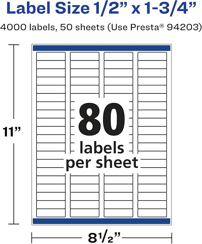 Avery Printable Durable White Rectangle Labels, Sure Feed Technology, 0.5" x 1.75", Waterproof Labels, Laser & Pigment-Based Inkjet Compatible, 4000 Total