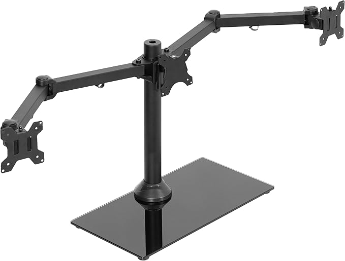 VIVO Black Triple Monitor Mount Freestanding Desk Stand with Glass Base, Heavy Duty Fully Adjustable Stand for 3 Screens up to 24 inches STAND-V003FG