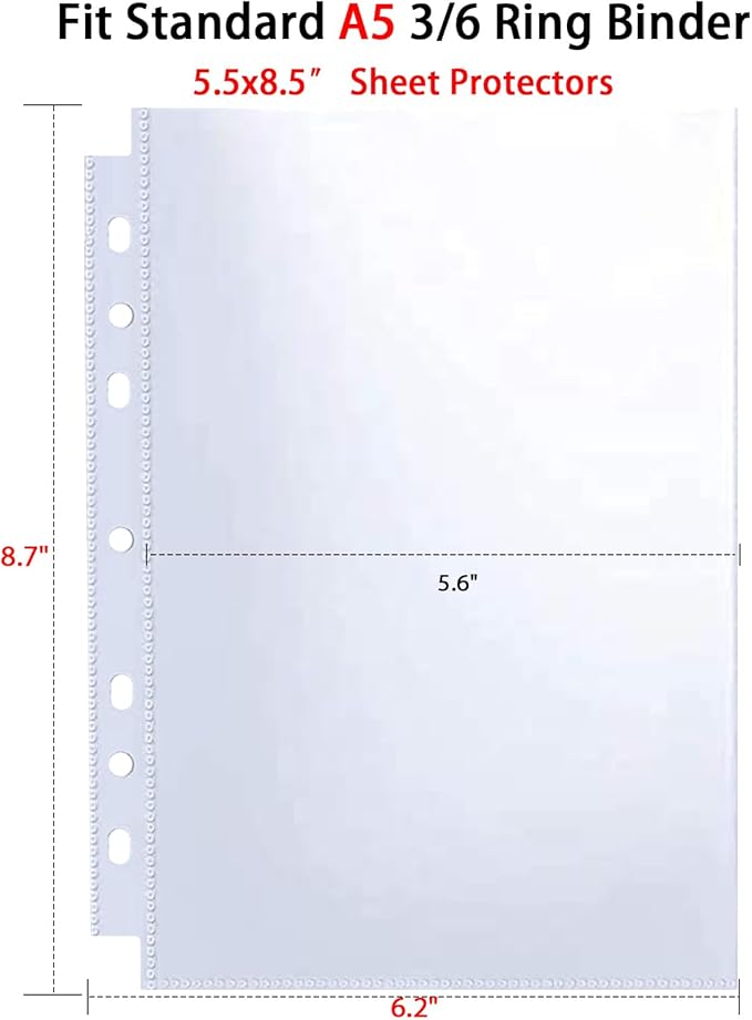 40 Pack 80 Pockets 5.5x8.5” Sheet Protector Sleeves for 6 Ring A5 Binder, A5 Mini 3 Ring Binder, Ultra-Clear Playbill Holder Sleeves, Double-Sided, Top Loading Sheet Protector for Paper Report