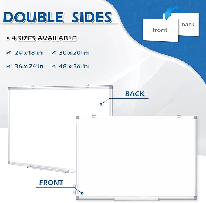 DOLLAR BOSS Dry Erase Board, 36 x 24 Inch Double-Sided Magnetic Whiteboard for Wall Silver Aluminum Frame for Office School Home with 8 Magnets 4 Markers 1 Eraser 1 Detachable Pen Tray