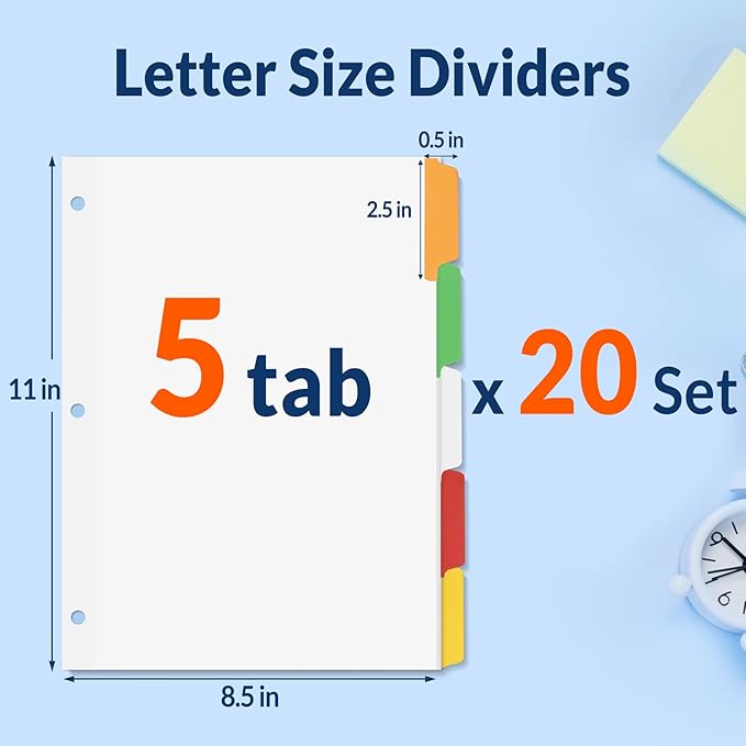 SUNEE Binder Dividers with Colorful Write On & Erase Tabs for 3 Ring Binder, 8.5 x 11 Paper White Reusable Dividers Blank with 5 Tabs, 20 Sets Page Dividers for School, Office and Home, 100 Dividers
