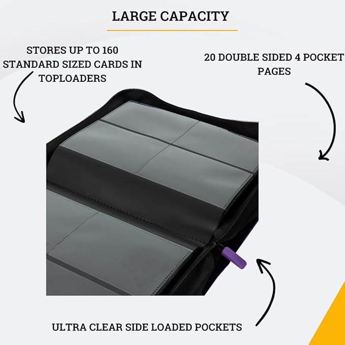 Card Guardian - Toploader 4 Pocket Premium Binder with Zipper for 160 Cards - Side Loaded Pockets - Compatible with Sports and Trading Cards TCG (Purple)