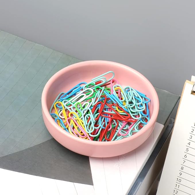 2pcs Ceramic Paper Clip Holder Set Round and Square Paper Clips Dispenser Kit Cute Pink Bowl and Plate for Desk Organizer Accessories and Home School Office Supplies (Pink)