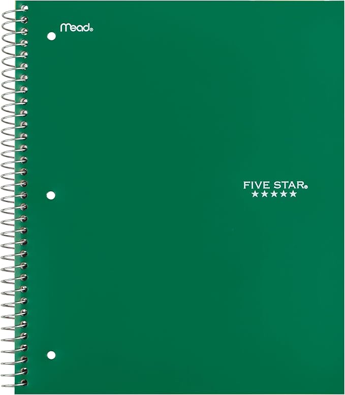 Five Star Spiral Notebook + Study App, 3 Subject, Wide Ruled Paper, 8" x 10-1/2", 150 Sheets, Fights Ink Bleed, Water Resistant Cover, Forest Green (73176)