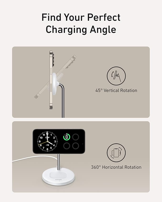 Anker MagSafe Compatible MagGo Charger Stand, iPhone 17 Wireless Charger, 2-in-1 Charging Station, Qi2 Certified 15W Fast Charging, for iPhone 17/16/15/14/13/12, AirPods Pro (White, No Adapter)