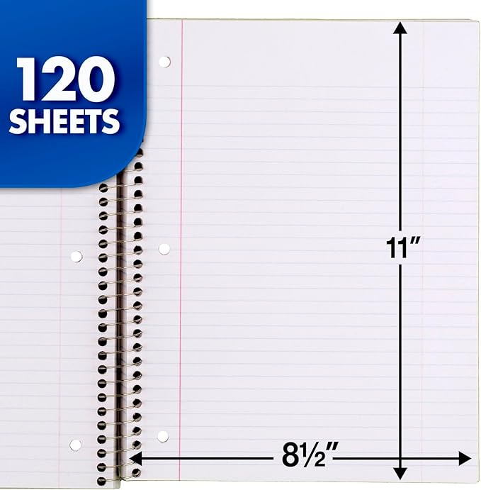 Mead Spiral Notebook, 3 Subject, College Ruled Paper, 8" x 11", 120 Sheets, Color Will Vary (820394-25)