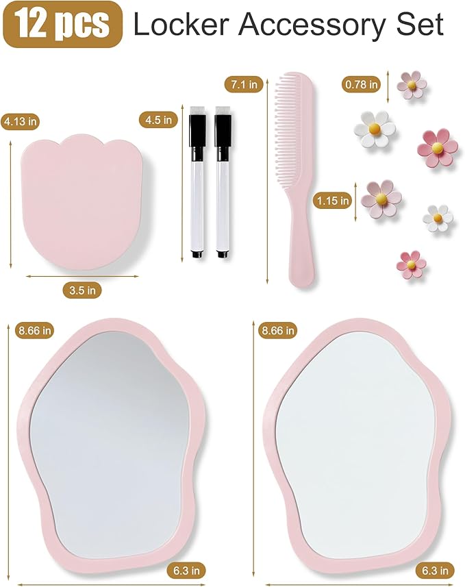 KEYDUACU 12 pcs Girls Locker Accessories, Locker Decorations Including Mirrors, whiteboards, Magnets and organizing Supplies. Ideal for Back-to-School Essentials and The Office (12 pcs-Pink)