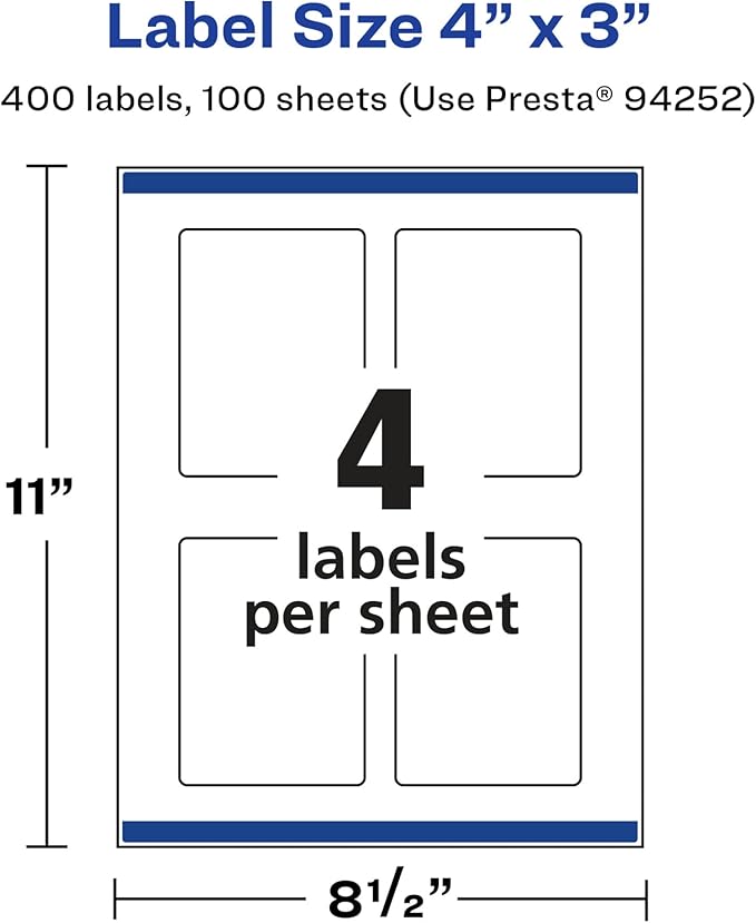 Avery Glossy White Rectangle Labels, Sure Feed Technology, 4" x 3", 400 Glossy White Labels, Print-to-The-Edge, Permanent Adhesive, Laser/Inkjet Printable