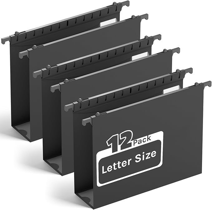 Ansook Plastic Extra Capacity Hanging File Folder,12 Pack Reinforced Letter Size Hanging Folders,Heavy Duty 2 Inch Expansion Filing Cabinet Folders,Black File Organizers for Bulk Files, Medical Charts