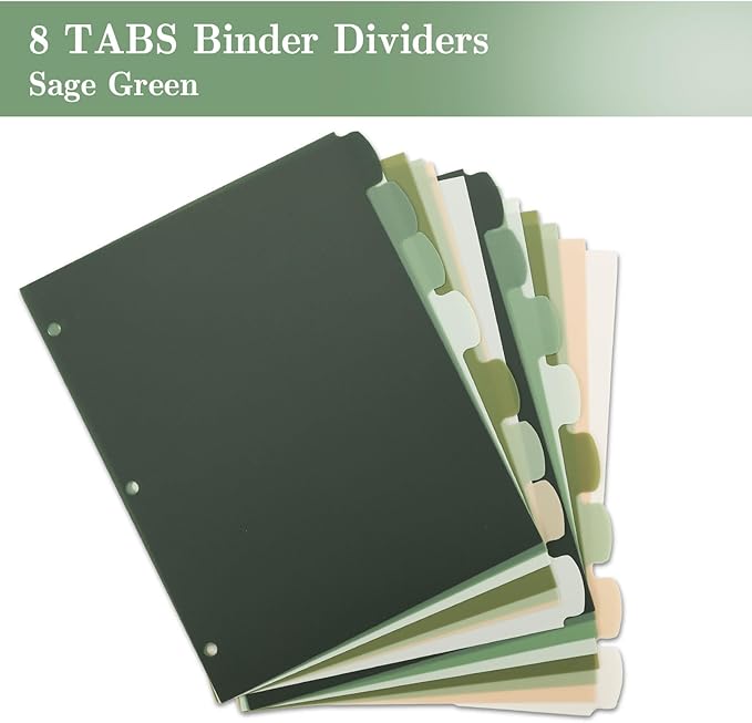 Whaline 64 Pcs/ 8 Set Sage Green 3 Ring Binder Dividers Colorful Index Dividers Plastic Page Folder Divider Sheets Protectors for Notebook Home Office Classroom Supplies