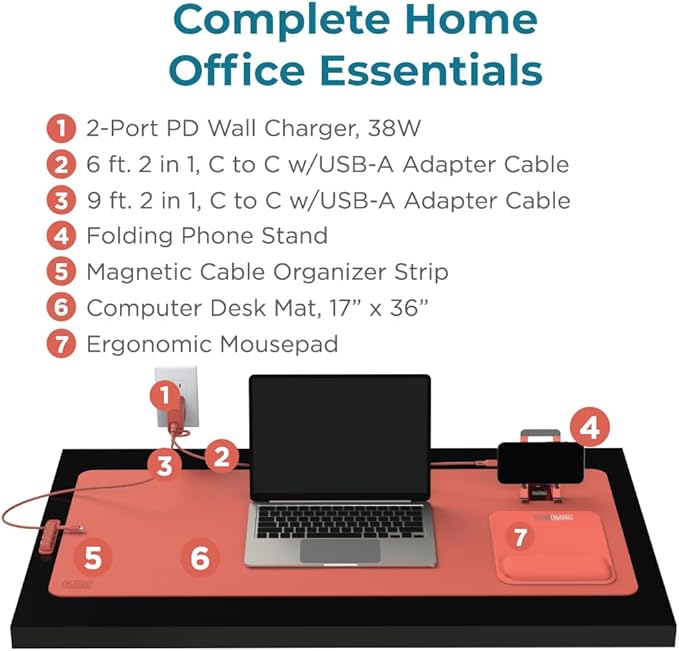BLACK+DECKER Home Office Kit, 7 PCS Set, Desk Pad, 2-Port PD Charger, Ergonomic Mouse Pad, Phone Stand, Combo Cables, Cable Organizer, Workspace Accessories Perfect for Work-from-Home (Coral Rose)