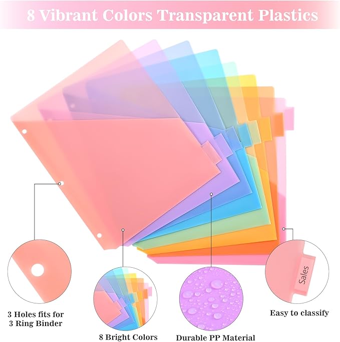 8-Tab Dividers for 3 Ring Binder, 24 Count Binder Dividers with Pockets, Subject Dividers, 3-Hole Plastics Sheets Protectors for US Letter Size in 0.5", 1",2" Binders, Pastel 8 Color, 3 Packs