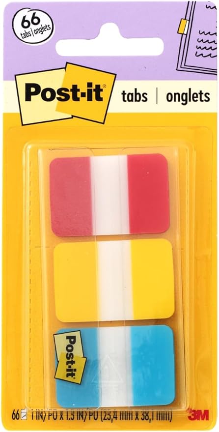 Post-it Tabs, 1 in, Solid, Red, Yellow, Blue, 22 Tabs/Color, 66 Tabs/On-The-Go Dispenser (686-RYB)
