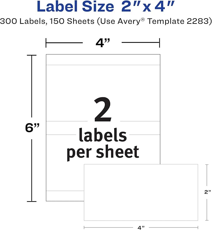 Avery Printable All-Purpose Removable Labels, 2" x 4" White, Write or Print, Great for Organization Projects, 300 Customizable Blank Labels Total (3-Pack of 22283)