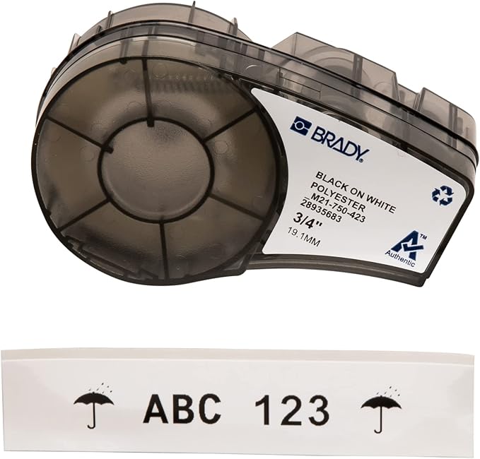 Brady Authentic (M21-750-423) Harsh Environment Polyester Label for Barcode, Solar Panel, Printed Circuit Board, Black on White- For M210, M210-LAB, M211, BMP21-PLUS and BMP21-LAB Printers, .75"W 21'L