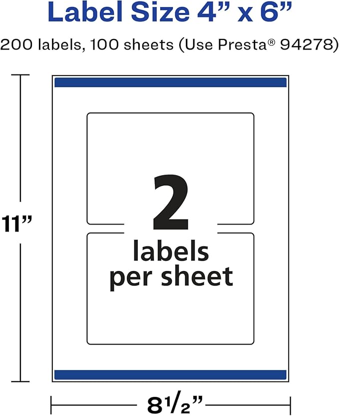 Avery Glossy White Rectangle Labels, Sure Feed Technology, 4" x 6", 200 Glossy White Labels, Print-to-The-Edge, Permanent Adhesive, Laser/Inkjet Printable