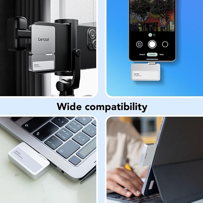 Lexar 1TB Professional Go Portable SSD w/Hub, Supports Apple 4K 60fps ProRes, Up to 1050MB/s, USB 3.2, Rugged, IP65, Ultracompact, Compatible w/iPhone 15/16 (Not 17), External SSD (LSL400S001T-RNSNU)