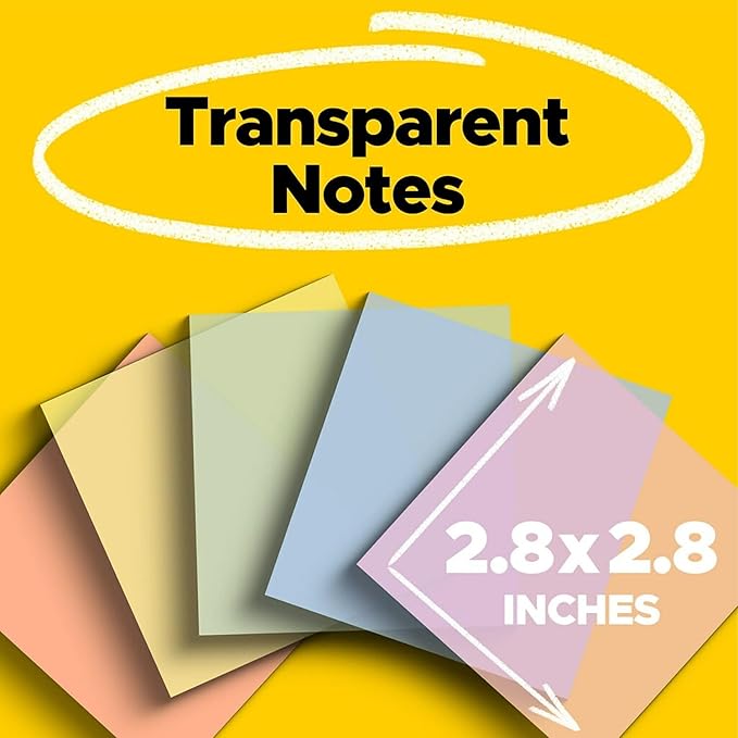 Post-it Transparent Sticky Notes,�2.8" x 2.8", Assorted Colors, 36 Sheets/Pad, 5 Pads/Pack (600-5PASTEL)