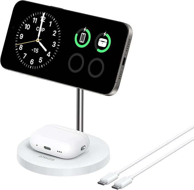Anker MagSafe Compatible MagGo Charger Stand, iPhone 17 Wireless Charger, 2-in-1 Charging Station, Qi2 Certified 15W Fast Charging, for iPhone 17/16/15/14/13/12, AirPods Pro (White, No Adapter)