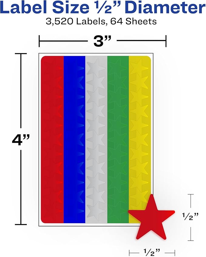 Avery Foil Star Labels, 1/2", Assorted Colors, Non-Printable, 8 Packs, 3,520 Star Stickers Total (21922)